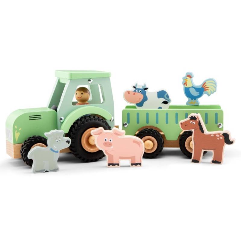 Wooden tractor with trailer and 5 animals